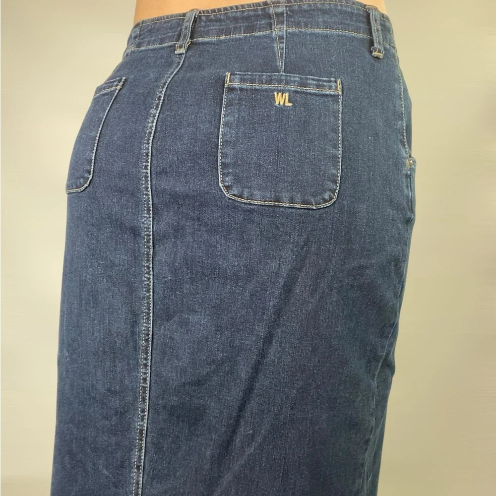 WASH LAB Daily Slit Denim MIDI‎ Skirt Dark Wash High Rise in Dark Blue